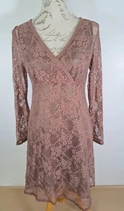 AVOCA ANTHOLOGY Boho Dress Brown Lace Slip with Liner Lagenlook Size 2 UK 12 - Picture 1 of 23