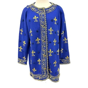 Michael Simon Fleur De Lis Blau & Gold Bestickt Perlen Vintage Pullover L/XL - Bild 1 von 12