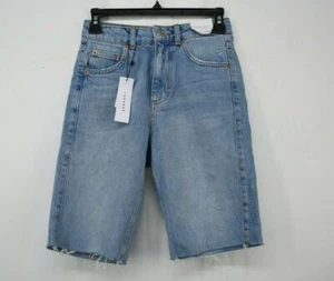 Topshop Womens Blue Wash Flat Front Straight Leg Cotton Cut-Off Denim Shorts 2 - Picture 1 of 6