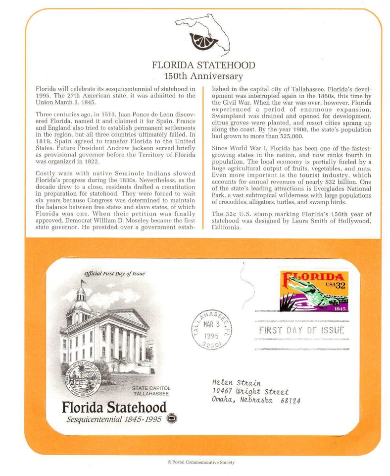 Postal Society First Day FDC stamp  # 2950 32 cent Florida Statehood  1995 - Image 1 of 1