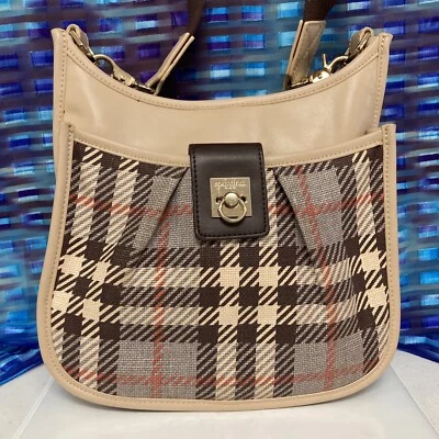 Spartina 449 Daufuskie Leather Brown Tan Plaid Crossbody Purse Cotton Strap - Image 1 of 4