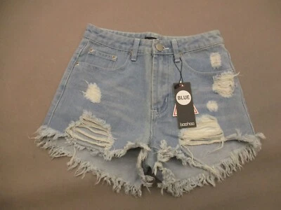 NUEVO CON ETIQUETAS BOOHOO AZUL Talla 4 Mujer Mezcla de Algodón Flecos Denim Envejecido Pantalones Cortos 753 Foto 1 de 4