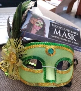 Costume Masquerade Mask (Green Gold Sequins Jewels Feathers) New - Picture 1 of 4