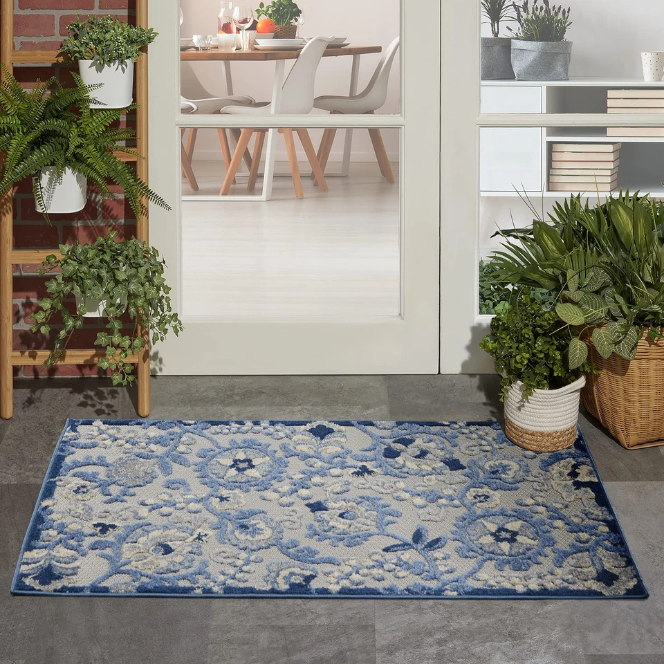 Blue Grey Rectangular Outdoor Rug 2X4 Durable Stain Resistant Flat Woven Design - Image 1 of 4