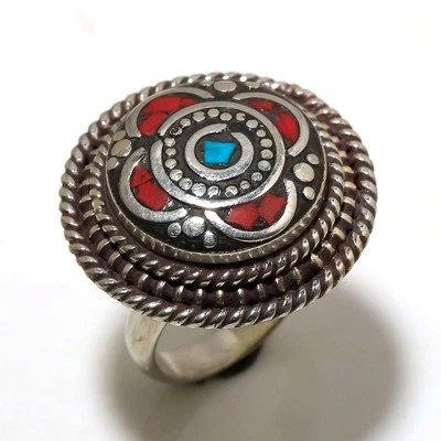 Tibetan Turquoise Coral Handmade Bohemian Jewelry Nepali Adjustable Ring SR 3031 - Image 1 of 4