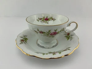 VINTAGE JOHANN HAVILAND “MOSS ROSE” FOOTED TEACUP AND SAUCER BAVARIA GERMANY - Picture 1 of 7