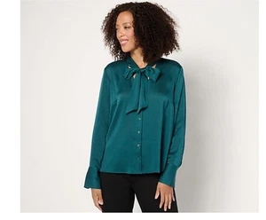 HERMOSA Blusa de Lawrence Zarian Botón-Frente Novedad Lazo-Verde-Mediana-A670912 - Imagen 1 de 2