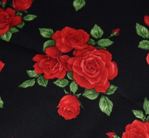 OOP Red Roses on Black Floral Print Cotton Fabric Hi Fashion Beautiful Print - Picture 1 of 6