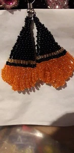 Witches Hat & Hair Earrings Halloween Novelty Jewelry Black Orange - Picture 1 of 1