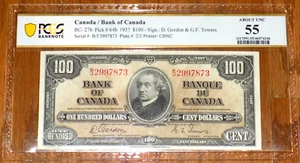 1937 $100 BANK OF CANADA GORDON/TOWERS PAPER MONEY NOTE PCGS AU55 P-64B BC-27b - Picture 1 of 4