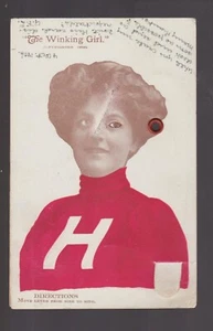 Wellesley MASSACHUSETTS 1906 THE WINKING GIRL Mechanical Card HARVARD SWEATER - Picture 1 of 4