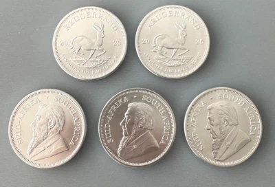 Lot of 5 Silver 2025 South Africa Silver Krugerrand 1 oz 1 Rand coins - Image 1 of 3