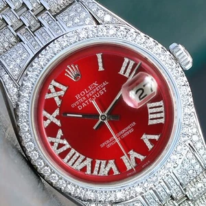 Rolex Mens Datejust 36mm Iced Out Fully Loaded  Diamonds Red Roman Dial Watch - Picture 1 of 14