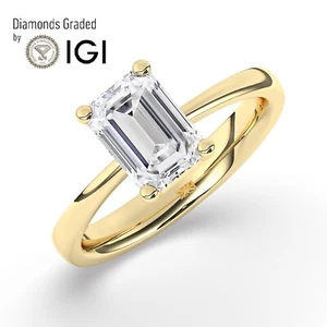 Emerald Solitaire 18K Yellow Gold Engagement Ring, E/VS1 , 1.50 ct,Lab-grown IGI - Picture 1 of 24