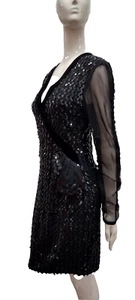 Vintage Climax Black Sequin Dress Sheer Sleeves 80s Bombshell S/M Karen Okada - Picture 1 of 22