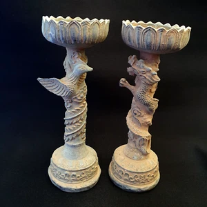 Pair of Antique Bronze Figural Candle Stick Holders Dragon And Bird Figurine - Picture 1 of 19