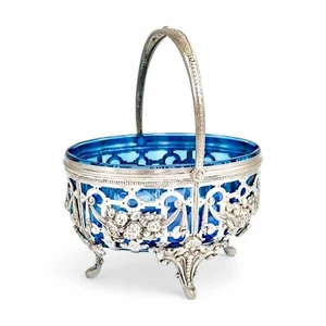 Antique Roman Plewkiewicz silver-plated basket with sapphire blue glass, c. 1900 - Picture 1 of 19