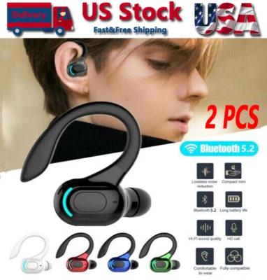 Bluetooth 5.2 Headset Wireless Earbuds Earphones Stereo Headphones Ear Hook USA - Image 1 of 4