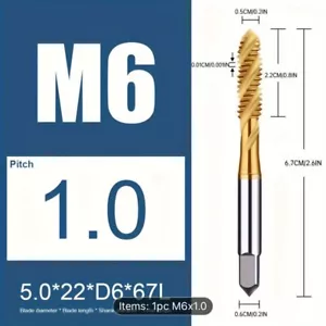 6 mm x 1 mm Kobalt HSS Spirale Flöte Spitze Hss Co5 Maschinengewindebohrer verzinnt - Bild 1 von 6