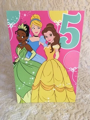 Feliz Cumpleaños Sello Tarjeta Princesa 5 Años Azul Vestido Verde Vestido Amarillo  Foto 1 de 3