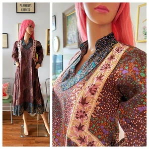 Vintage 70s Boho Hippie Patchwork Cotton Kaftan Circle Skirt Maxi Dress M - Picture 1 of 8