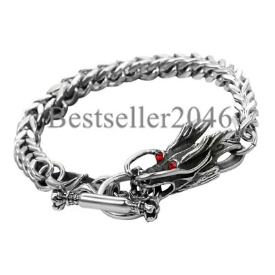 Brazalete de cadena de bordillo de dragón de acero inoxidable para motociclista para hombre cierre de palanca gótico 8,7" Foto 1 de 4