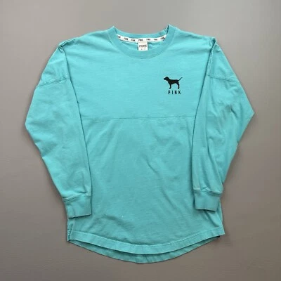 粉红色维多利亚秘密衬衫女式 XS 蓝绿色豹标志圆领精神球衣 — 第 1/4 张图片