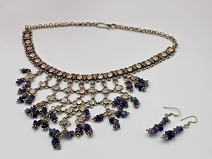 Vintage Silver 925 Bib Collar Necklace and Dangle Drop Earrings Set Amethyst - Picture 1 of 19