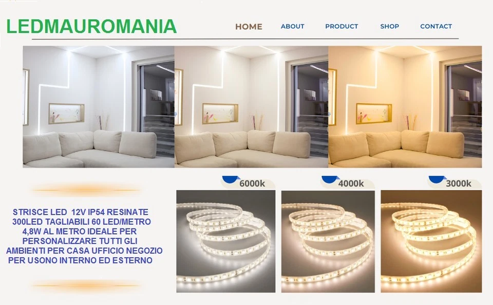 Led Strip  Bobina 3528 12V 4500K 300 SMD IP65 5MT 24W Resinata Tagliabile Pavia - Immagine 1 di 1
