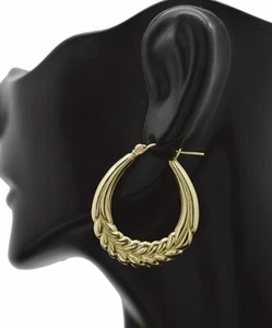 Real 10K Yellow Solid Gold Shiny 30.8mm Shrimp Leaf Hoop Earrings 3.0 grams - Picture 1 of 5