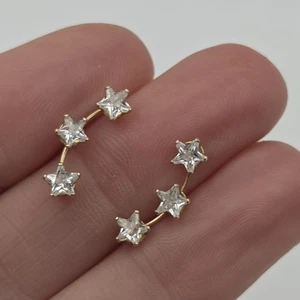 14KT Yellow Gold Post Climber Earrings 3 Star Shaped Clear Cubic Zirconia .86gTW - Picture 1 of 15