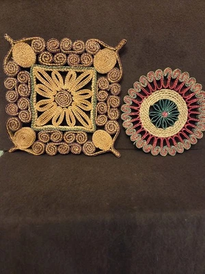 Pair Vintage Woven Wicker Rattan Raffia Trivets Hot Pads - Image 1 of 4