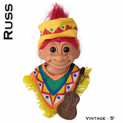 Muñeca Troll Cartero Russ Vintage 6" Pelo Rojo Azul Uniforme Marrón Bolsa de Correo Foto 1 de 4