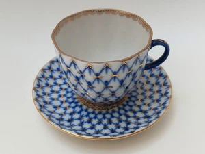 Vintage Lomonosov Cobalt Blue Net Style Design Cup & Saucer - Picture 1 of 7