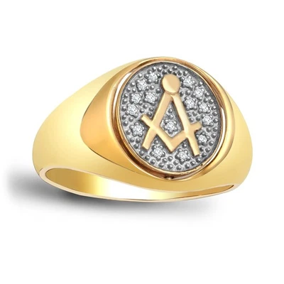 Mens 9ct Gold Jewelco London 0.1ct Diamond Pave Cluster Masonic Signet Ring 15mm - Image 1 of 4