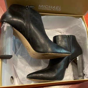 Michael Kors Women's Paloma Black Leather Ankle Booties Size 7M Metallic Heel - Picture 1 of 8