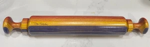 Tom Foster SIGNED Hand Turned Carved Laminated Wood Rolling Pin Red Blue Yellow - Picture 1 of 10