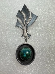 Rare VTG Modernist Israel Sterling Silver Green Eilat Stone Brooch Pin Pendant - Picture 1 of 11