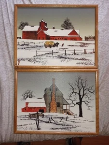 2Pc Signed H Hargrove Framed Serigraph Canvas Farm Barn Wagon Older Prints 17x13 - Picture 1 of 8