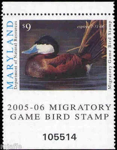 Estampilla de pato Maryland 2005 imperfecta en la parte inferior entre el sello y la pestaña ¡buen error! - Imagen 1 de 1