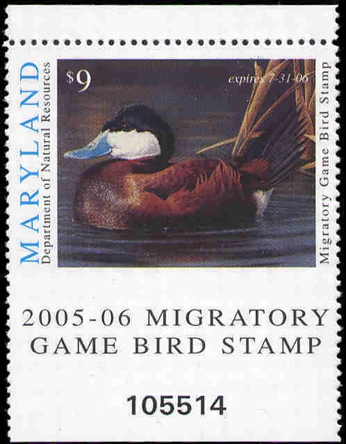 MARYLAND 2005 Duck Stamp IMPERF AT BOTTOM  BETWEEN STAMP AND TAB NICE ERROR! - Image 1 of 1