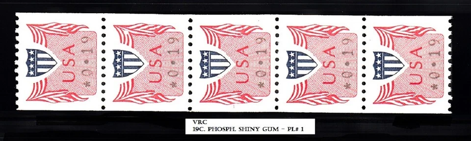 USA VARIABLE RATE COIL $0.19c. PL# 1 - STRIP OF 5 - MNH - SHINY GUM - PHOSPH. - Image 1 of 1