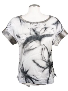 Womens Top Short Sleeve Size 6 Black Gray Big Floral Print Metallic Hem Artsy - Picture 1 of 6