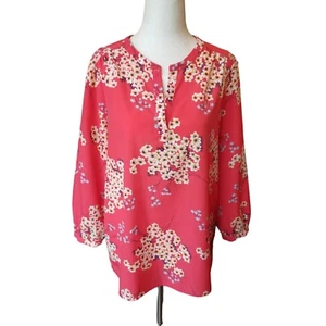Pink Coral Floral Shirt Top Blouse Size M Womens Blossoms Balloon Sleeve V-Neck - Picture 1 of 17