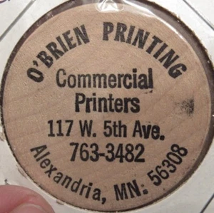 Níquel de madera vintage estampado O'Brien Alexandria, sin usar sin usar - ficha Minnesota - Imagen 1 de 2