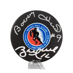 Brett Hull and Bobby Hull Autographed Hockey Hall of Fame Hockey Puck - BAS COA - Picture 1 of 1