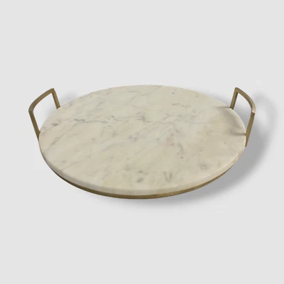 Hotel Collection White Round Marble Tray w/ Gold Tone Handles - Image 1 of 4