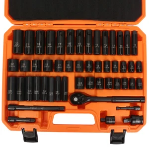 50-Piece 3/8" Drive Impact Socket Set Ratchet Wrench Extension Bar Metric & SAE - Picture 1 of 11