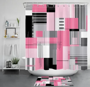 Pink and Gray Geometric Black and White Shower Curtain Set for Bathroom Decor - Picture 1 of 23