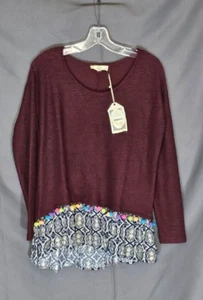 NWT -Entro - Burgandy and Geometric Pattern Layered Look Long Sleeve Blouse - S - Picture 1 of 2